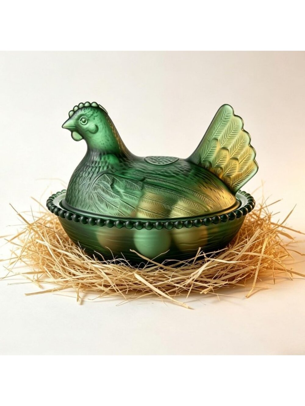 Vintage Glass Hen on Nest Candy Dish | Decorative Chicken Trinket Bowl | Beaded